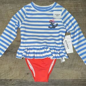 Old Navy Blue & White Stripe Rashguard Two-Piece with Red Bottoms